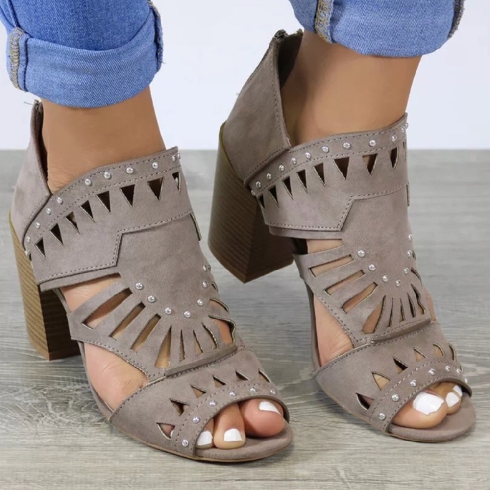 Taupe Peep Toe Studded Booties - Picture 2 of 4